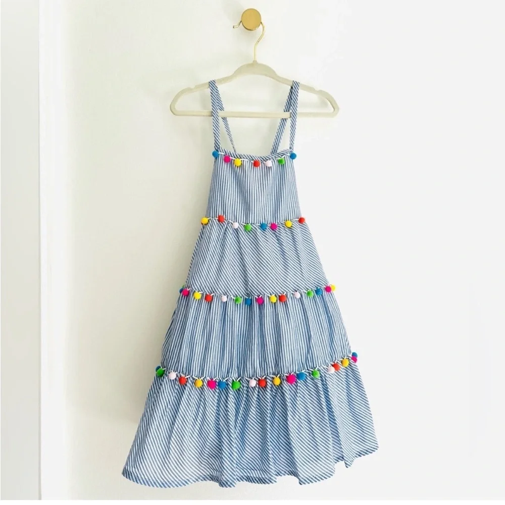 Maggie & Zoe Kids Girls 4T Blue Striped Dress with Colorful Pom Poms - LIKE NEW - Picture 3 of 4